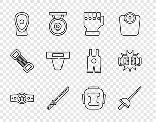 Set line Boxing belt, Fencing, MMA glove, Japanese katana, training paws, Groin guard, helmet and Punch boxing gloves icon. Vector
