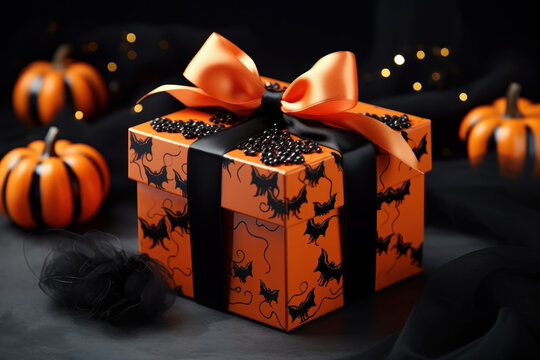 Black gift box with orange bow for Halloween celebration