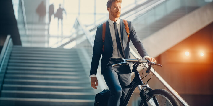 Young redhead men holding his bicycle at stairs. Commuting concept and sustainability lifestyle - Powered by Adobe