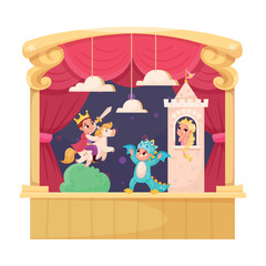 Children in Theater Play Performance Wearing Costumes Performing on Stage Vector Illustration