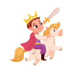 Little Boy in Theater Performance Wearing Prince Costume on Horse Performing on Stage Vector Illustration