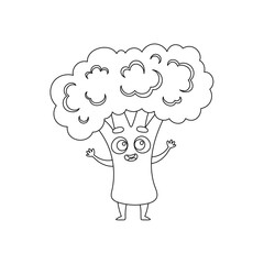 Coloring page funny broccoli. Coloring book for kids. Educational activity for preschool years kids and toddlers with cute animal. Vector illustration