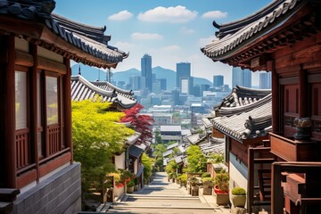 Bukchon Hanok Village nestled under Seoul's towering skyline. Generative AI - obrazy, fototapety, plakaty