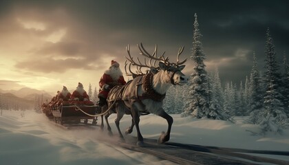 Reindeer pulling Christmas sleigh, Santa's trusty team - obrazy, fototapety, plakaty