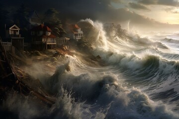 Devastating tsunami hitting houses on the New York coast. Represents the concept of an apocalypse. Generative AI