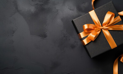 Black gift box with orange ribbon on grey background, top view, copy space