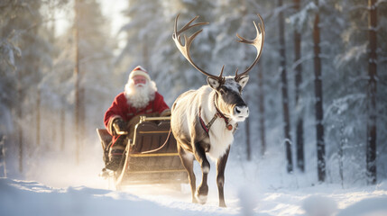 santa claus in sleigh pulled by christmas deer in winter forest made with generative AI