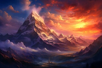captivating scenery with colorful atmospheric clouds and majestic peaks. Generative AI