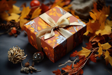 Fototapeta na wymiar Beautiful gift box next to colorful autumn leaves