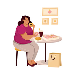 Fat Woman Character with Full Body and Obesity Eating Donuts Vector Illustration