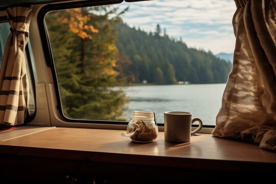 Coffee cup on campervan window sill for van life and slow living. Generative AI