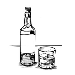 Whiskey glass and bottle, black pencil hand drawn illustration (transparent PNG)