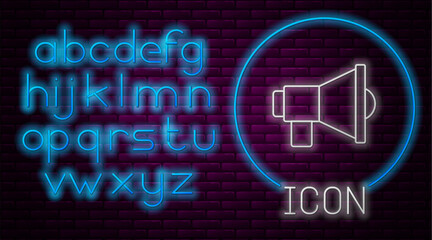 Glowing neon line Megaphone icon isolated on brick wall background. Speaker sign. Neon light alphabet. Vector