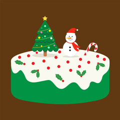 Christmas cake.Cake with cream, Christmas tree, snowman, candy cane and holly leaves for gift, party and celebration.Vector illustration Christmas element.