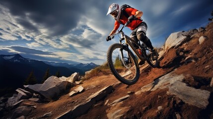 Cyclist Riding the Bike Down the Rock at Sunrise in the Beautiful Mountains on the Background. Extreme Sport and Enduro Biking Concept.