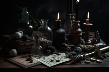 Attributes of dark witchcraft displayed on a table. Generative AI