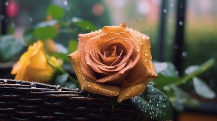 Beautiful yellow rose with water drops on petals after rain. Mother's day concept with a space for...