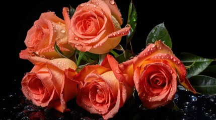 Bouquet of orange roses with water drops on a black background. Mother's day concept with a space for a text. Valentine day concept with a copy space.