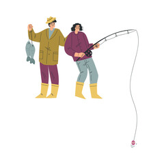 Man and Woman Fishing with Rod on Lake Vector Illustration