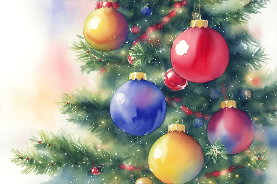 Watercolor drawing of a Christmas tree with decorations close up