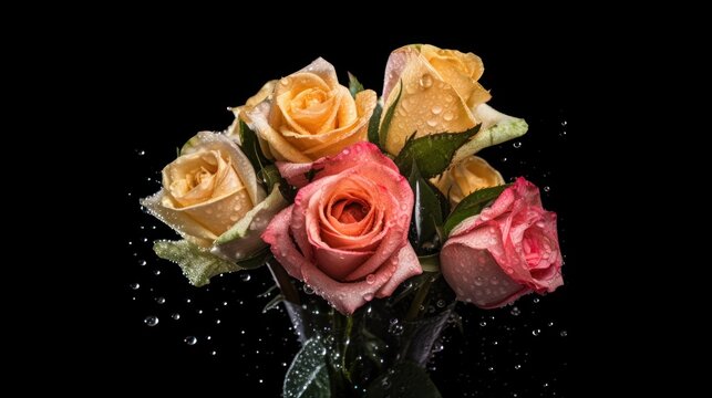pink and yellow roses with water drops isolated on black background. Mother's day concept with a space for a text. Valentine day concept with a copy space.
