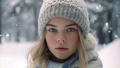 Serene girl enjoying a sleigh ride in the snowy woods, winter sledding, peaceful snowy outing