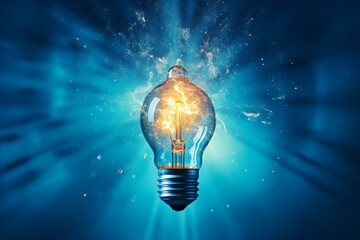 A burst light bulb against blue backdrop. Generative AI