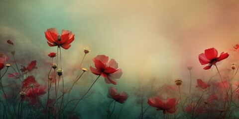 Beautiful abstract red and green misty morning photo floral design background banner. beautiful Generative AI AIG32