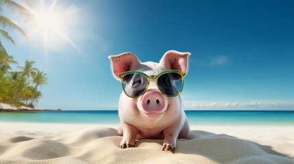 A cool pig wearing sunglasses chilling on a sunny beach - obrazy, fototapety, plakaty