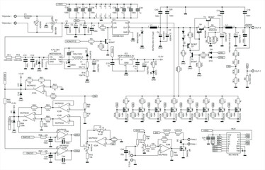 Schematic diagram of electronic device. 
Vector drawing electrical circuit with 
 resistor, transistor, diode, coil, 
operational amplifier, power unit, integrated circuit.