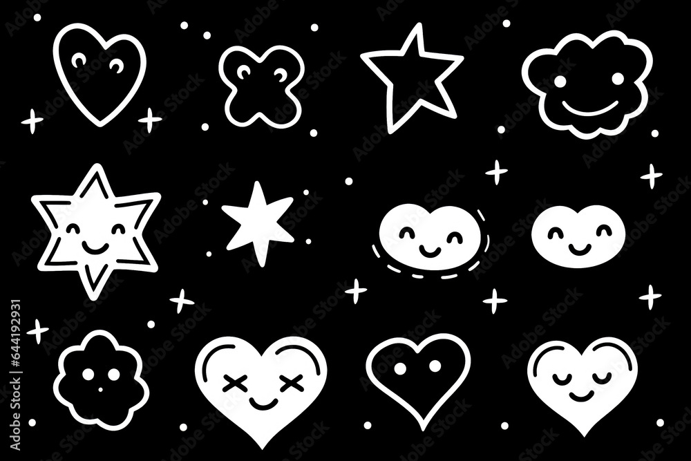 Wall mural set of cute hand drawn doodle stars, hearts, clouds and sun isolated on black background.