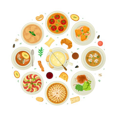 French Cuisine Round Composition Design with Tasty Dish Top View Vector Template