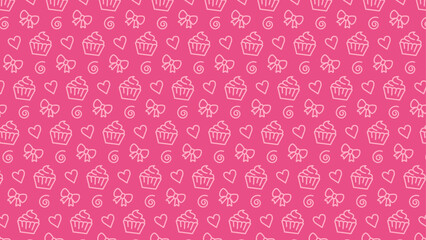 pink pattern with cupcake, bow, heart and spiral