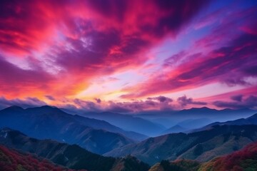 Captivating view of vibrant sky, fluffy clouds, and majestic mountains. Generative AI