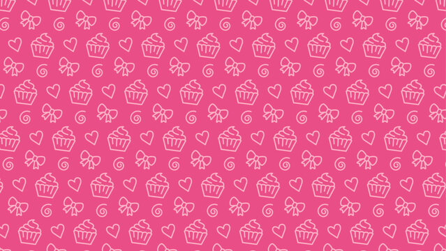 pink pattern with cupcake, bow, heart and spiral