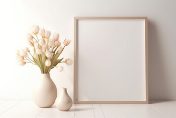 Beautiful blank mockup template for wall art, gold border and decorations with warm lighting