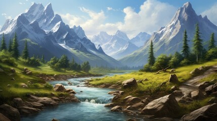 Obraz premium mountains and river atmospheric daytime landscape realistic.