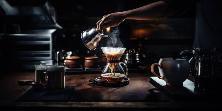 Professional barista preparing coffee using chemex pour over coffee maker  and drip kettle. Young woman making coffee. Alternative ways of brewing  coffee. Coffee shop concept. Stock Photo