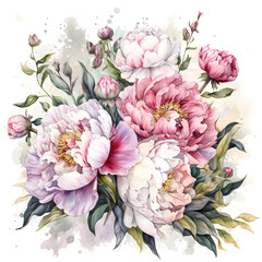 Vintage bouquet of flowers pink roses peonies clipart watercolor painting white background