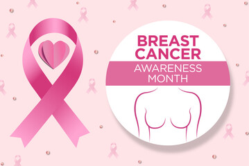 Banner horizontal del Día Internacional de lucha contra el Cáncer de mama, con circulo blanco tipo botón y un listón moño con corazón rosa y silueta de pechos de mujer