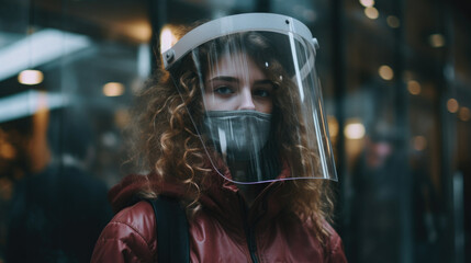 Teen Girl in City Public Wearing Face Mask and Face Shield during COVID-19 Pandemic Generative AI