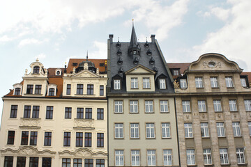 Fototapeta na wymiar Old historical buildings at the Market Square (or Marktplatz) in Leipzig, Germany