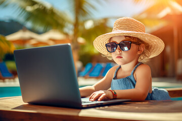 Cute little girl in summer hat and sunglasses using laptop on the beach