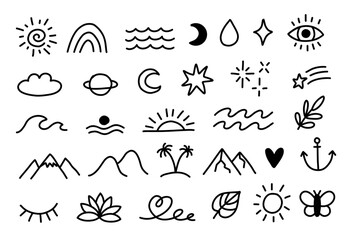 Collection of line drawings with sun, sea, wave, palms and spiritual symbols.