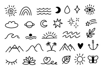 Collection of line drawings with sun, sea, wave, palms and spiritual symbols.