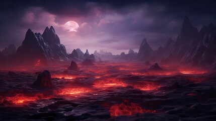 An otherworldly landscape with a glowing moon and fiery lava flows - obrazy, fototapety, plakaty