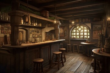 An illustrated panoramic view of a medieval tavern's bar area. Generative AI