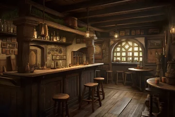 Fotobehang An illustrated panoramic view of a medieval tavern's bar area. Generative AI © Jeff