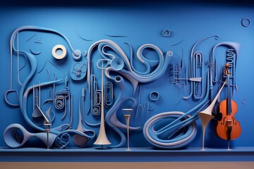 3D rendering of a mural featuring various blue musical instruments. Generative AI