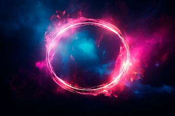 3d render, abstract background neon ring shape with pink magenta and blue smoke. Fantastic futuristic wallpaper